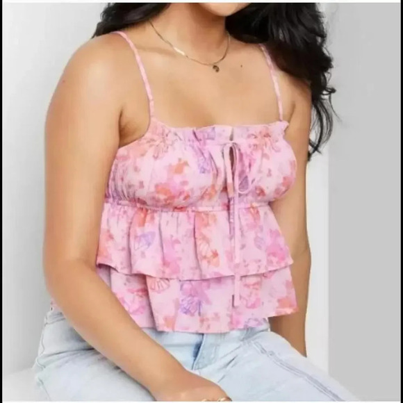 NWT Wild Fable Women's Tiered Ruffle Pink Butterfly Tank Top Size XL - Picture 1 of 11